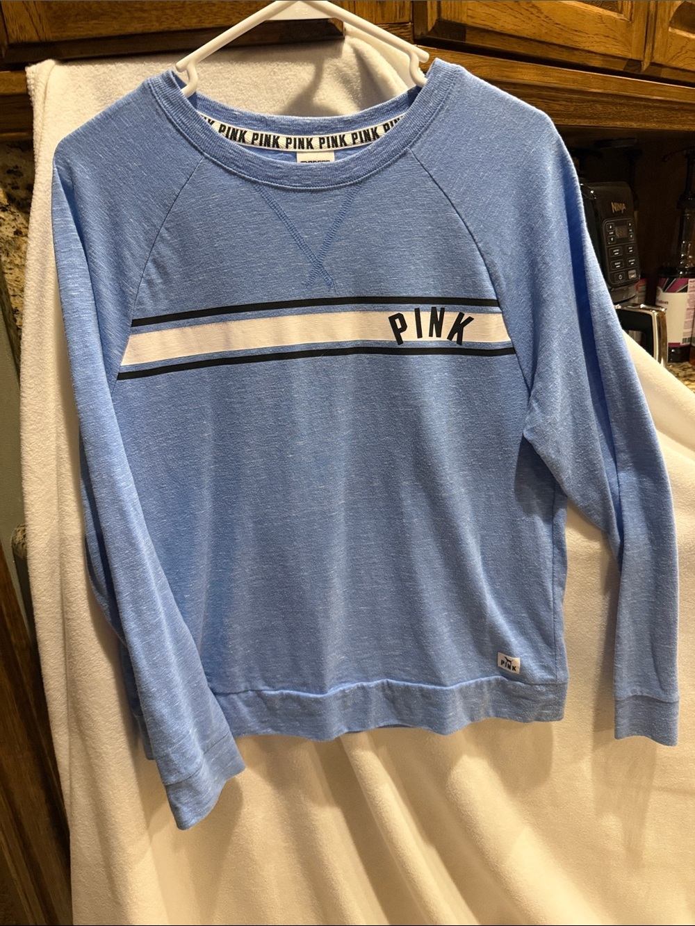 PINK Victoria's Secret Sky Blue Crewneck with White and Navy Stripe